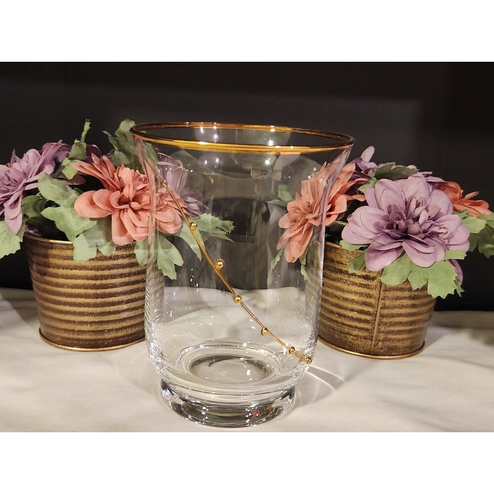 Pier 1 Clear Gold Dot Swirl Line Vase Retired Blown Glass Decorative